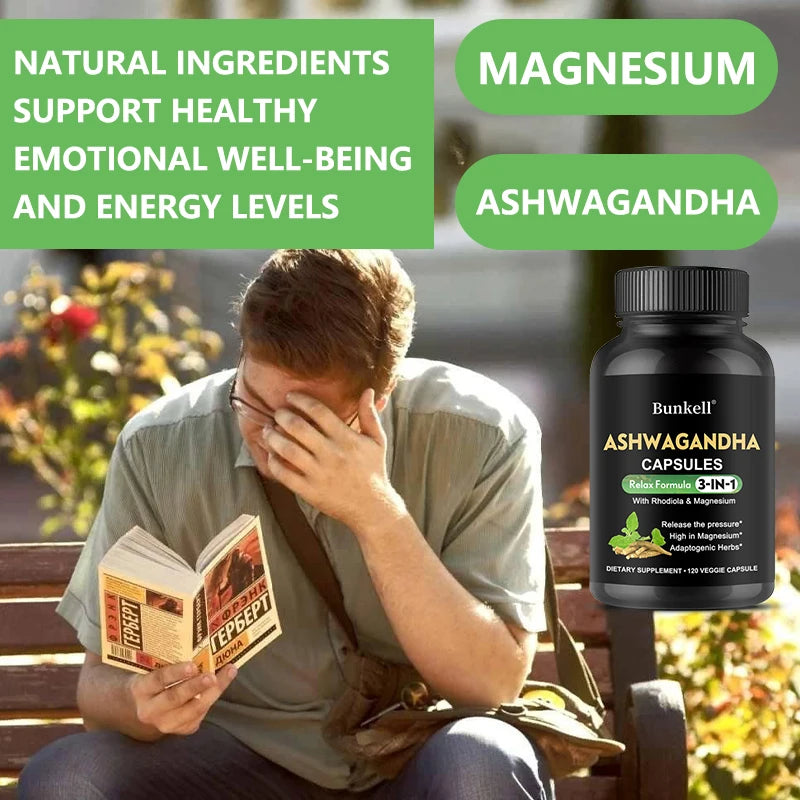 Ashwagandha + Magnesium Capsules - Provide Energy, Strength, Vitality, and Performance for Men and Women, and Promote Sleep.